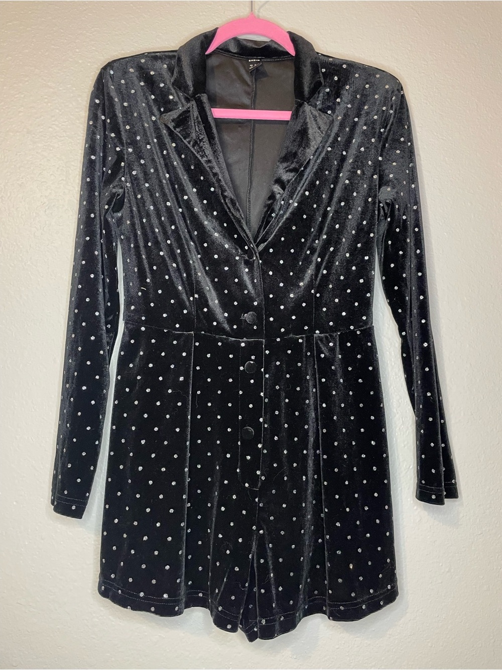 SHEIN Black Velvet Long-Sleeve Glitter Polka Dot Romper